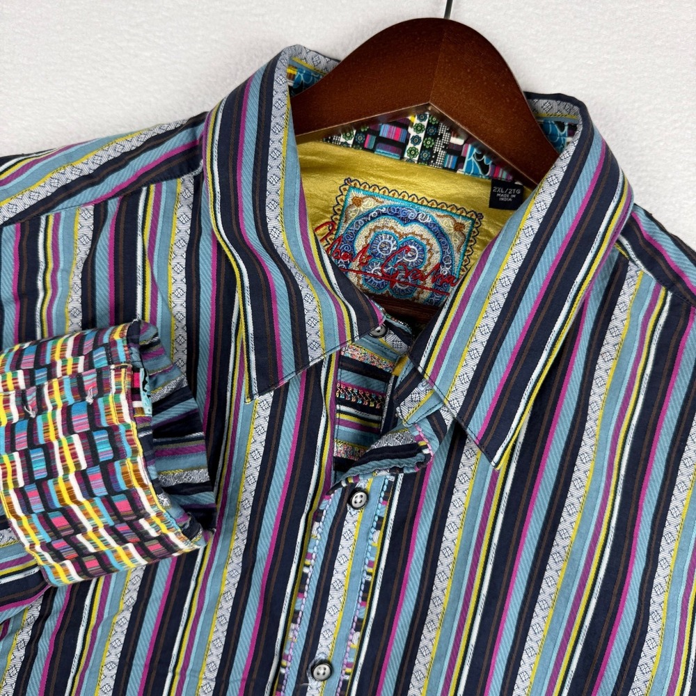 Robert Graham Button Down Shirt 2XL Multicolor Striped Flip Cuff Silk Trim L/S